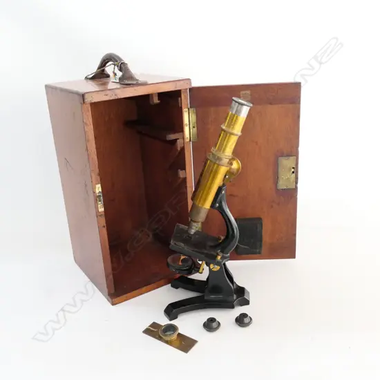 LATE 19thC BRASS MICROSCOPE IN MAHOG BOX